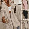 Women Fall Winter Sweater Coat Applique Hooded Solid Color Thick Knitted Loose Mid Length Pockets Cardigan Open Stitch Lady Sweater Jacket