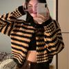 Vintage Lingge Knitted Shirt Striped Sweater for Women Autumn and Winter Online Cardigan Short Cardigan Sweater Female Top