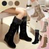 Women Lace Nubuck Flat Heels Winter Snow Boots Shoes Women's Flock Plush Padded Winter Long Riding Motorcycle Boots Shoes