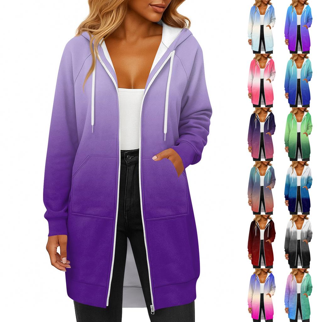 Women's Fashionable Printed Long Sleeved Drawstring Hooded Zipper Pocket Long Casual Sweatshirt Jacket