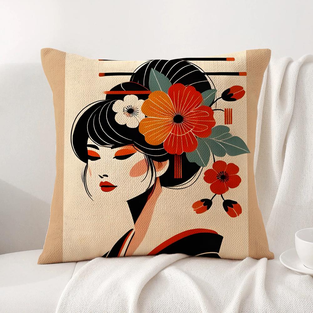 Классическая ретро японская женская наволочка Натуральный лен Органическая ткань Двусторонняя печать Диван Домашний декор Дышащая