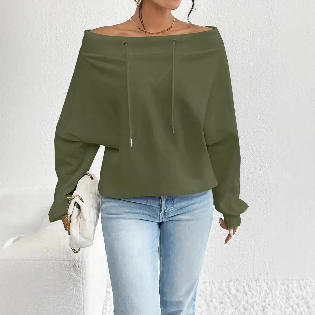 Модные женские однотонные топы с открытыми плечами и одним воротником, с длинным рукавом, повседневные, трендовые, свободные, пуловеры-толстовки на кулиске, женские