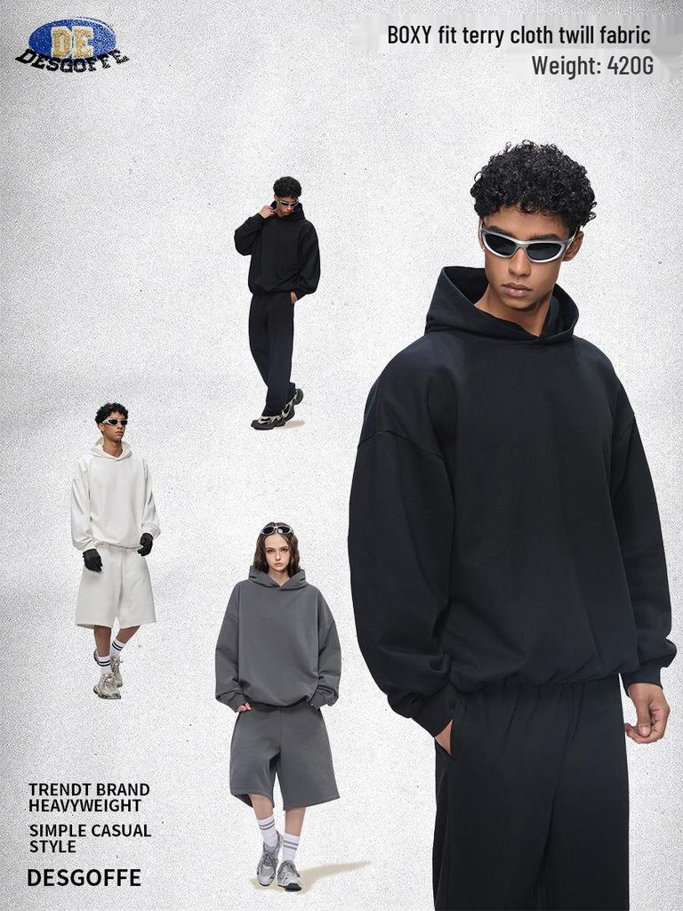 DE Men's Moleskin Twill Hoodie: Boxy Short Wide 420G Sweatshirt with Adjustable Hem Drawstring, American Style