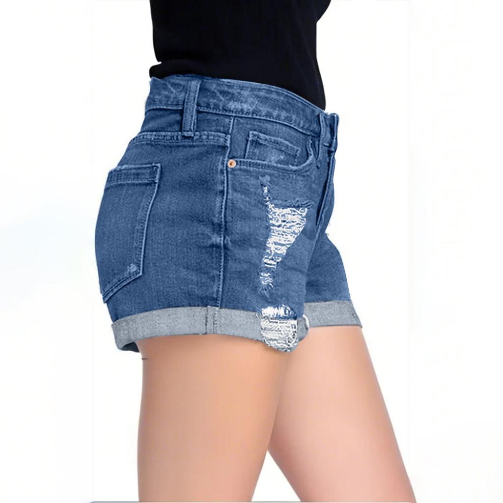 Solid Color Trimmed Shorts With Ripped Pockets Jeans For Women