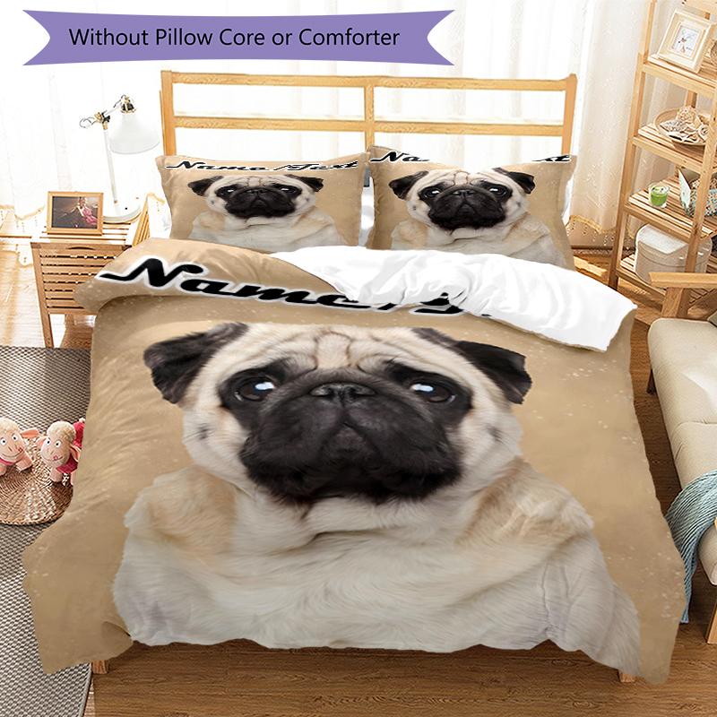 3PC Custom Name Pug Dog Portrait Background Bedding Set Duvet Cover Closure Includes 1 Duvet Cover & 2 Pillowcases for Bedroom