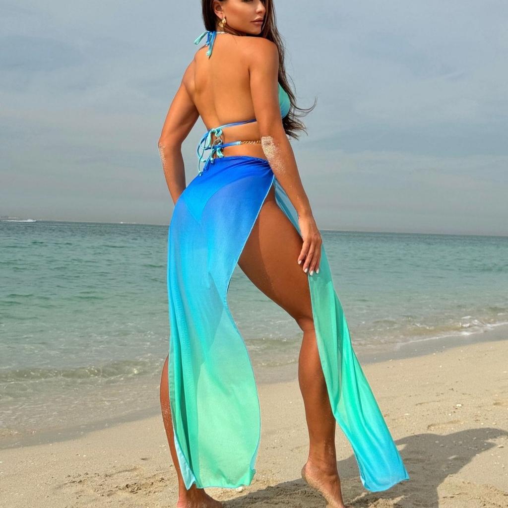 Sexy with Cover Up Gradient Halter Bikini 3PCS Female Swimsuit Women Swimwear Three-pieces Bikini Set Bather Bathing Suit Swim