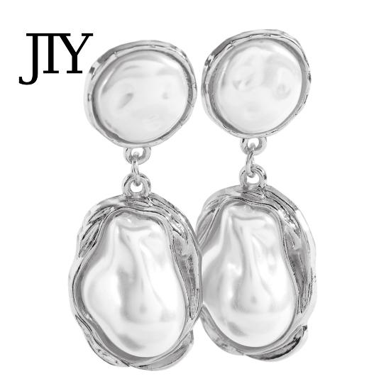 Statement Faux Pearl Earrings 1 Pair Drop for Women, Irregular Baroque Imitation Design Retro Metal Frame Stud Earrings, Double-Layered Pendant French