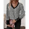 YYFS Women's Fashion Casual Spring Fall Houndstooth Print Long Sleeve V-Neck Blouses & Shirts