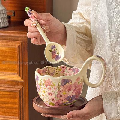 Цветы как парча, бежевая песня, кофейная чашка с ложкой, чашка для завтрака, миска для овсянки, керамический подогретый чайник