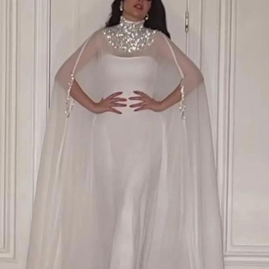 Women Evening Dress Shiny Sequin Half High Collar Big Hem Thin See-through Mesh Bat Sleeves Solid Color Oversized Big Hem Party Prom Maxi Dress