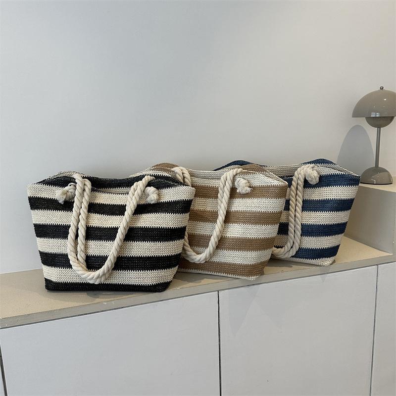 Yogodlns Женская тканая пляжная сумка большой емкости, полосатые сумки на молнии, соломенная сумка в стиле ретро, женская летняя повседневная сумка