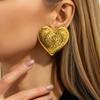 SHIXIN Vintage Large Love Heart Stud Earrings for Women Luxury Metal Gold Color Carved Flower Earrings Party Jewelry Accessories