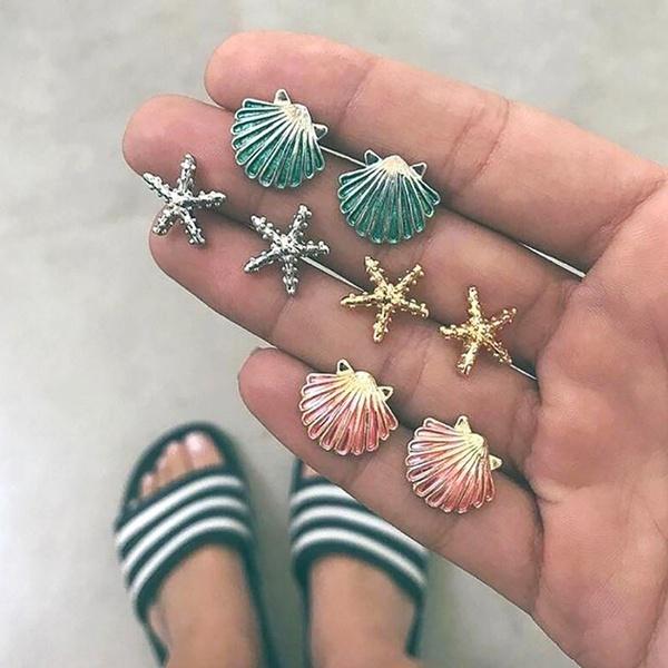 4pairs/set Starfish Shell Stud Earring Set Women Colorful Conch Shells Star Stud Earrings Party Bea
