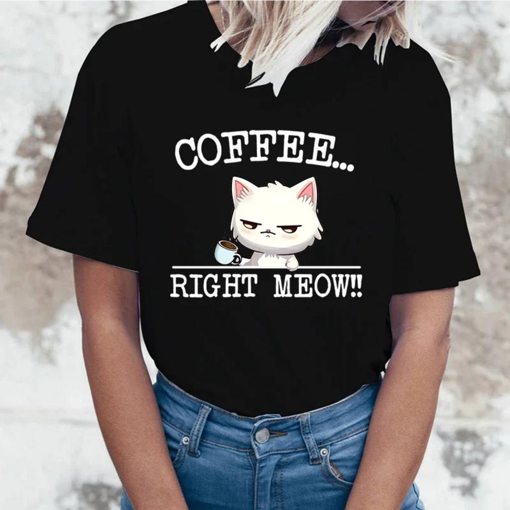 Модная новая кофейная футболка «Right Meow» и женская мультяшная футболка Harajuku Streetwear Повседневные топы футболки