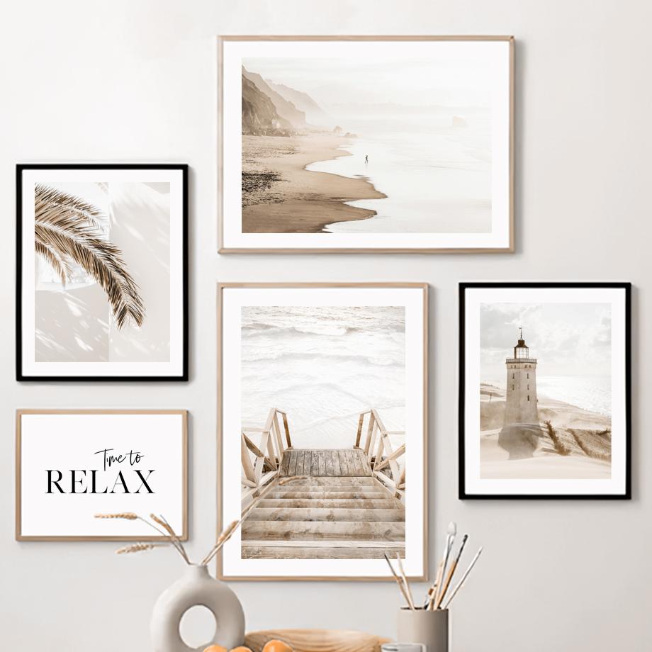 Beige Flower Palm Leaf Beach Lighthouse Wall Art Canvas Painting Nordic Posters And Prints Wall Pictures For Living Room Decor