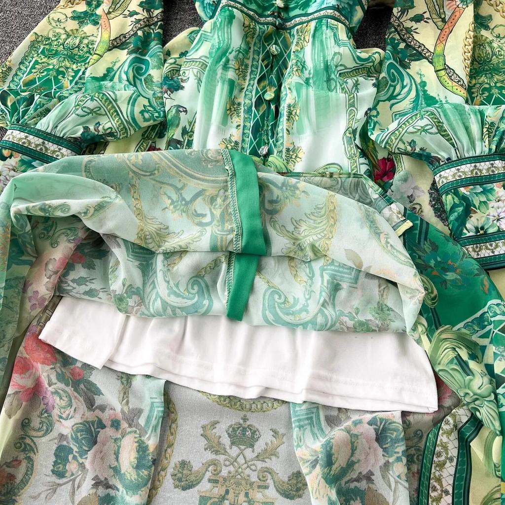 Летняя мода, роскошный дизайнерский винтажный шифон с принтом, праздничное пляжное платье, женское сексуальное платье с v-образным вырезом и рукавами-фонариками, эластичный пояс, длинный халат макси