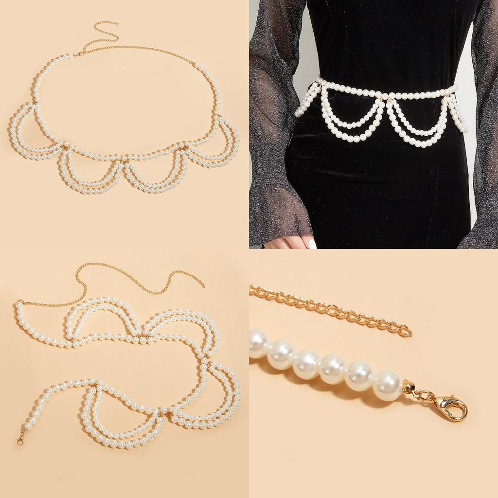 Modern Women Pearl Tassel Waist Chain With Double Waist Jewelry Accessory Dress