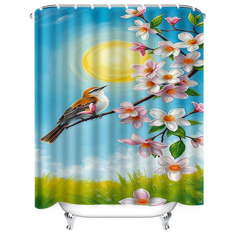 Sunshine and Bird on Cherry Blossom Branch Waterproof Shower Curtain Heat Resistant Machine Washable Non-Transparent 180x180cm