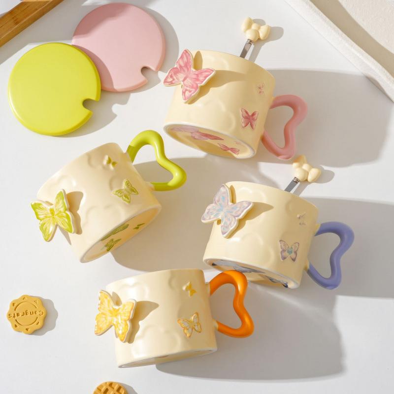 Creative Embossed Butterfly Personalized Ceramic Mug As A Souvenir Coffee Cup with Lid and Spoon  High Looking Small Fresh Water Cup