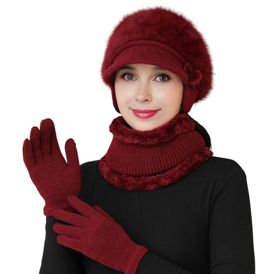 3 шт./комплект для женщин среднего возраста, зимняя шапка, шарф, перчатки, комплект, толстая вязаная защита ушей