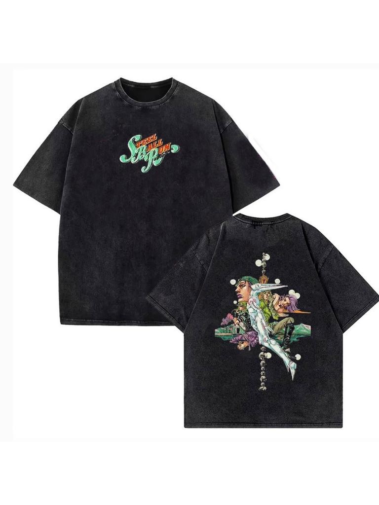Gyro Zeppeli Manga Print T-Shirt, Vintage Washed Cotton Casual Short Sleeve for Unisex