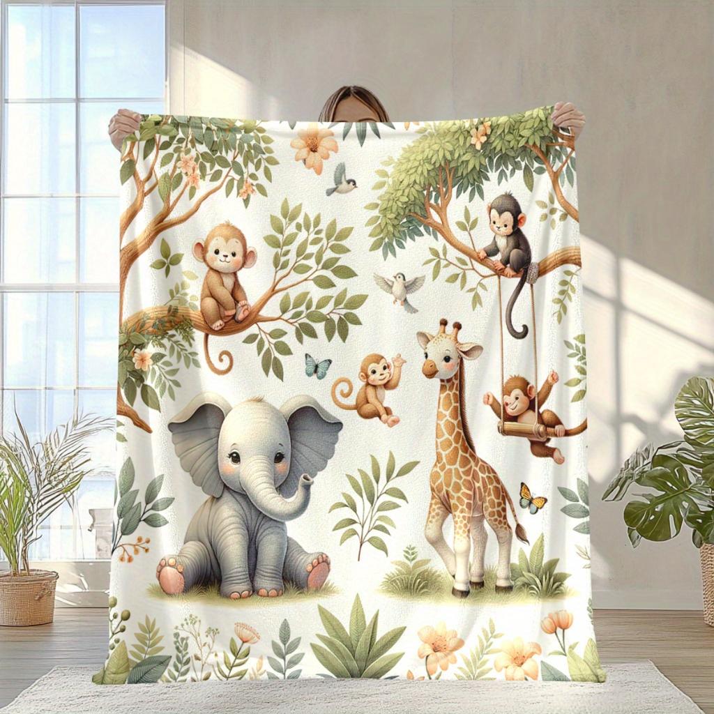 1 Super Cute Cartoon Animal Flannel Blanket - Soft, warm, and cozy parabolic design with a lively jungle pattern, perfect for