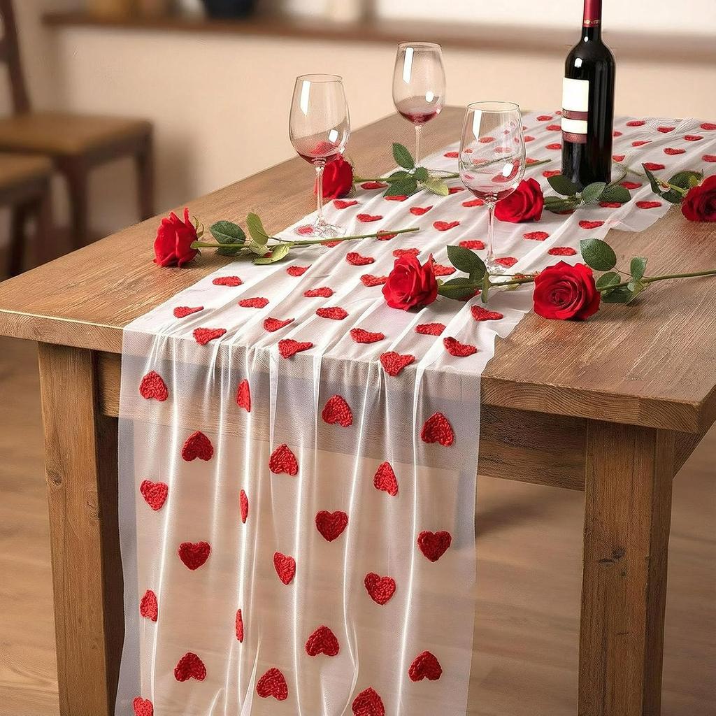Boao Embroidery Valentines Day Table Runner 30 x 118 Inch Lace Gauze Love Heart Table Decor for Wedding Party Valentines Decorations Anniversary