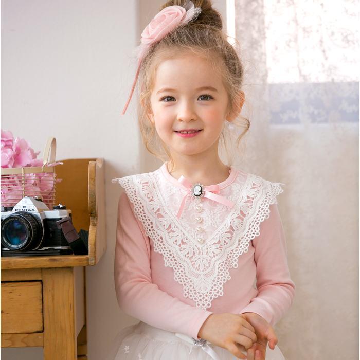 Korean Children's Lace Beaded Cotton T-shirt Top