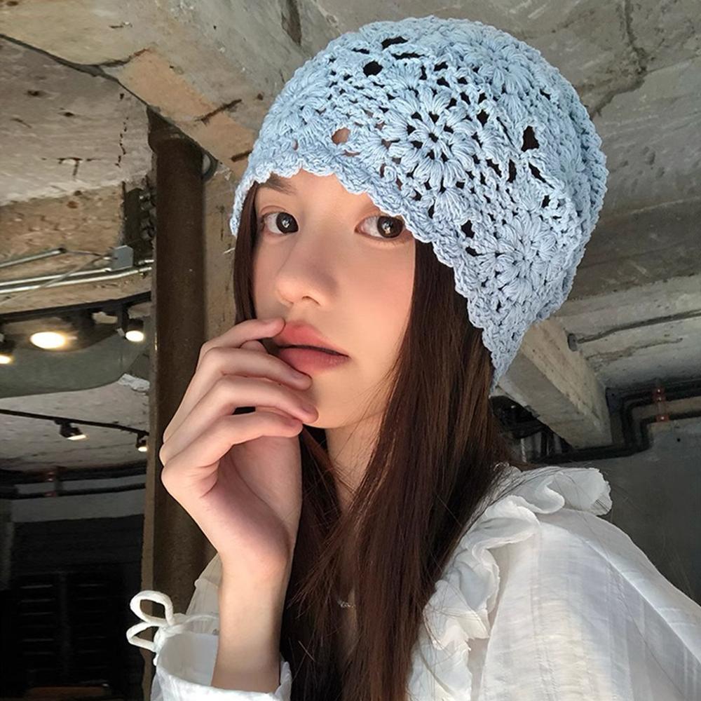 Fashion Vintage Artistic Beret Cap Hollowed-out Hand-Made Skullies Hat Breathable Sweet Knitted Hat Women