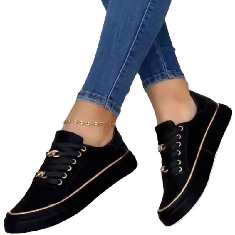 2025New Fashion Women's Sneakers  Chain Leather Comfortable Round Toe Platform Sneakers Lace-up Walking Women's Vulcanized Shoes