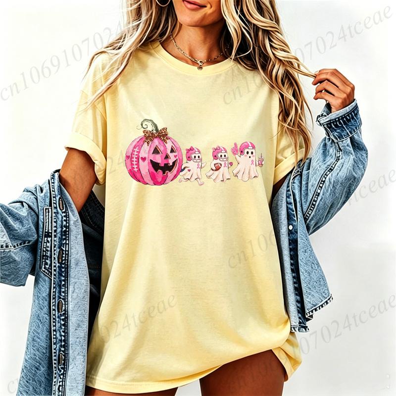 Pink Pumpkin Ghost Tee Shirts Breast Cancer Halloween Shirt T-Shirts in October We Wear Pink T-Shirts Short Sleeve Women's Tops