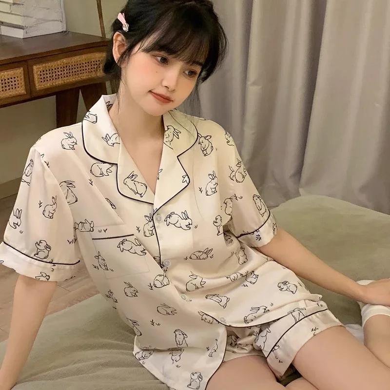 Rabbit Print Sleepwear Women Pajama Sets Korean Style Summer Piiama 2 Pieces Night Wears for Sleeping Student Cute Home Suit