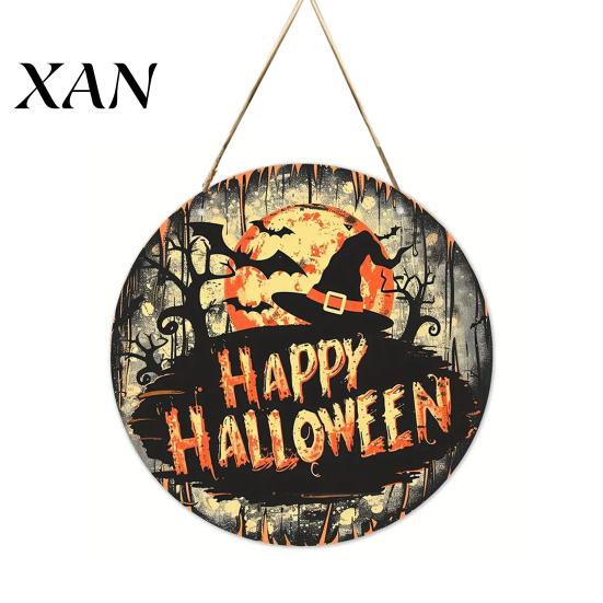 Front Door Welcome Plaque Halloween Wooden Sign, Round Hanging Pendant with Lanyard, Retro Distressed Pumpkin Sign Wood Skeleton/Pumpkin/Clown
