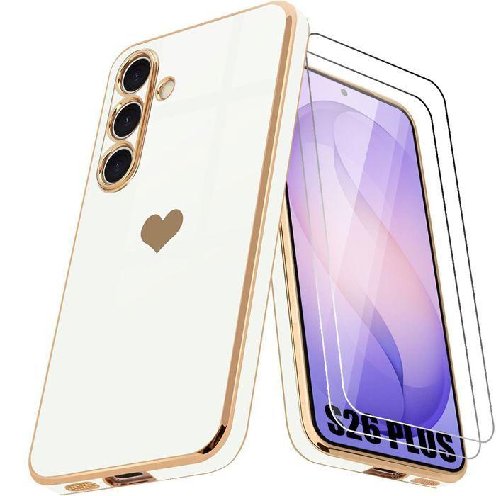 Coque Cœur - BOOLING - pour Samsung Galaxy S26 Plus - Silicone Antichoc Slim - 2 Vitres - Blanc