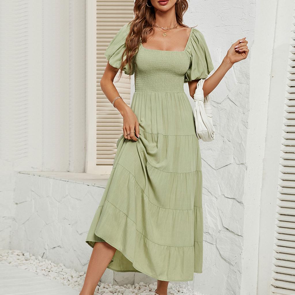 Women's Summer Fashion Solid Color High Waisted Bubble Sleeve Waist Dresses