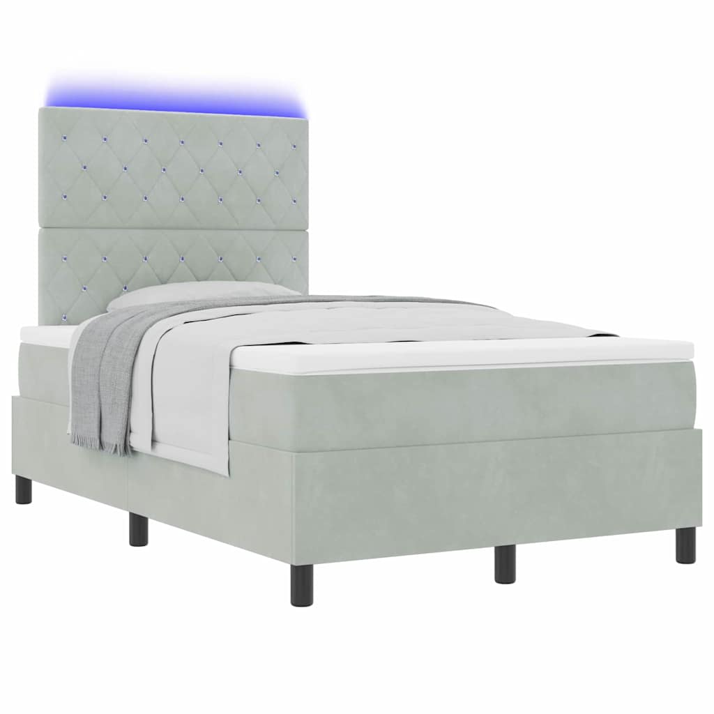LED Box Spring Bed with Mattress Light Grey 120 x 190 cm Velvet