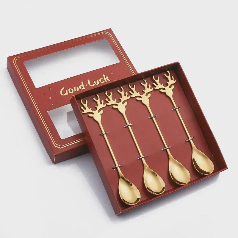 4pcs Stainless Steel Coffee Spoons Christmas Elk Head Design New Year Table Decoration Home Navidad Ornament Set