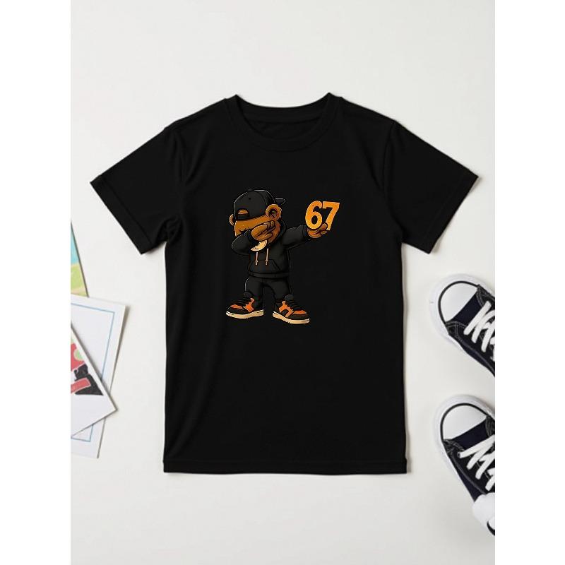 European sizes Trendy Cartoon Bear Print Children's T-shirt, Unisex Spring/Autumn Hooded Sweatshirt, Casual Sportswear Top with 67 Number Pattern