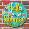 2d Flat 20*20cm, Round Wooden "Hello Summer" Sign, Entrance Decor Gift, for Home, Kitchen, Garden, Bedroom, Bar Wall Decor.