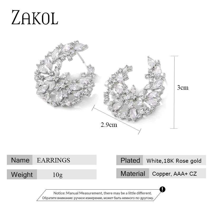 ZAKOL Luxury Marquise Cut Cubic Zirconia C shape Stud Earrings for Women Wedding Fashion Geometry Jewelry EP2139