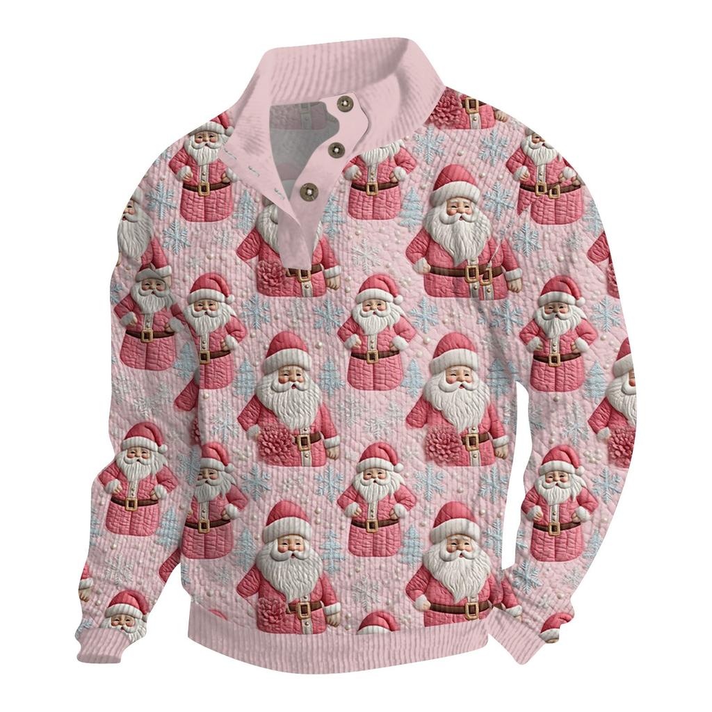 Men's Christmas Cotton Pullover Long Sleeve Outdoor Shirt Vintage Corduroy Button Stand Collar Shirt Casual Sweatshirt Christmas Print Top