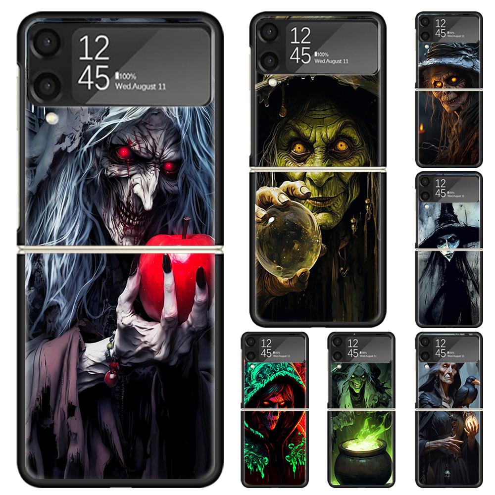 Halloween Moon Witch Horror Hard PC Phone Case For Samsung Galaxy Z Flip 7 6 5 4 3 Black ZFlip7 ZFlip6 Flip5 Flip4 Flip3 5G Prin