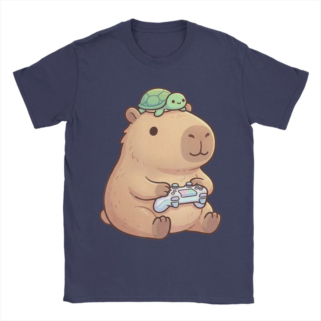 Cute Capybara Anime Gamer TShirts for Men Leisure Pure Cotton Tee Shirt O Neck Short Sleeve T Shirts Printing Clothing