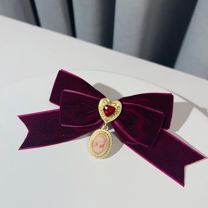 French Court Retro Burgundy Velvet Love Bow Brooch Autumn and Winter Lolita Bow Tie Women's Neckline Accessories