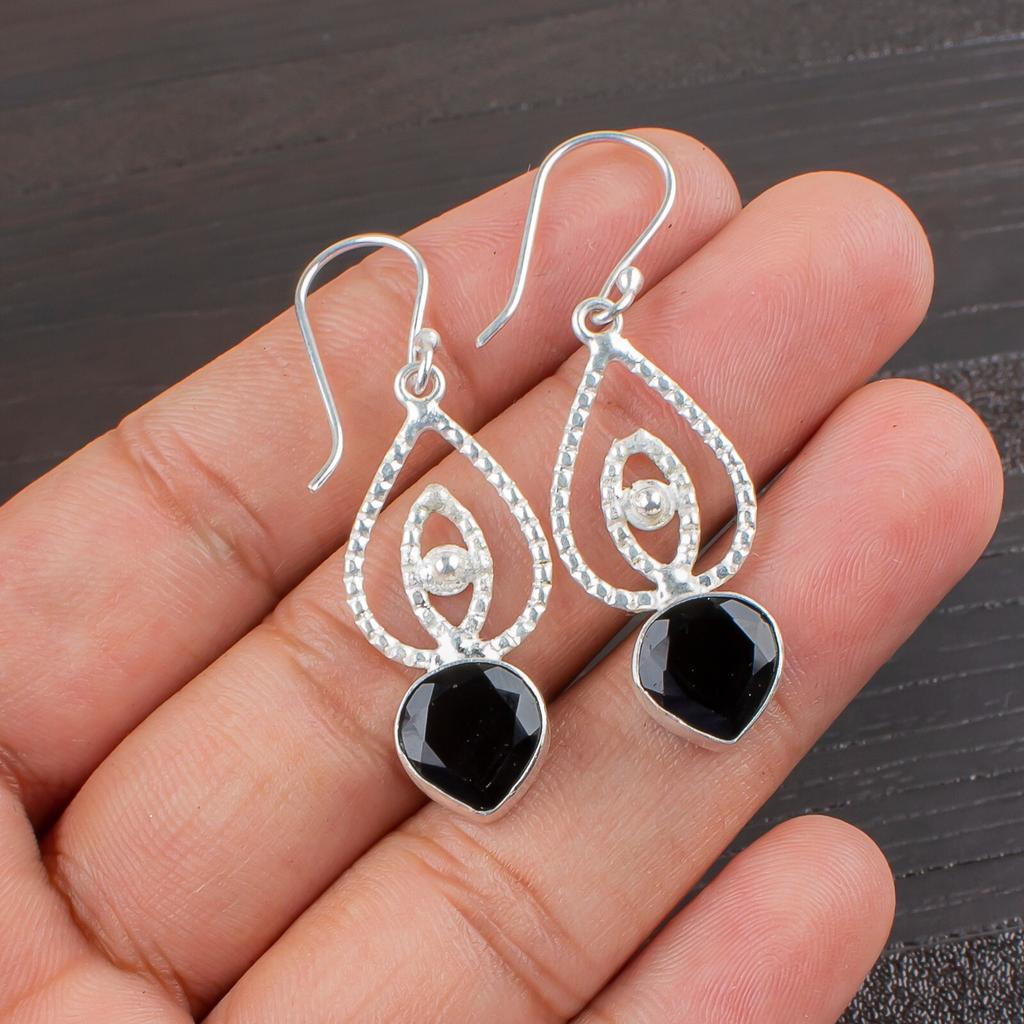 Rare Black Onyx Gemstone 925 Sterling Silver Handmade Drop/Dangle Earrings 2.00" EE-32-13