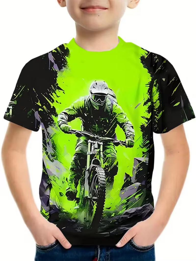 Motorcycle rider 3D printed T-shirt for boys, suitable for boys, short-sleeved top, fashionable street style children's clothing for summer.