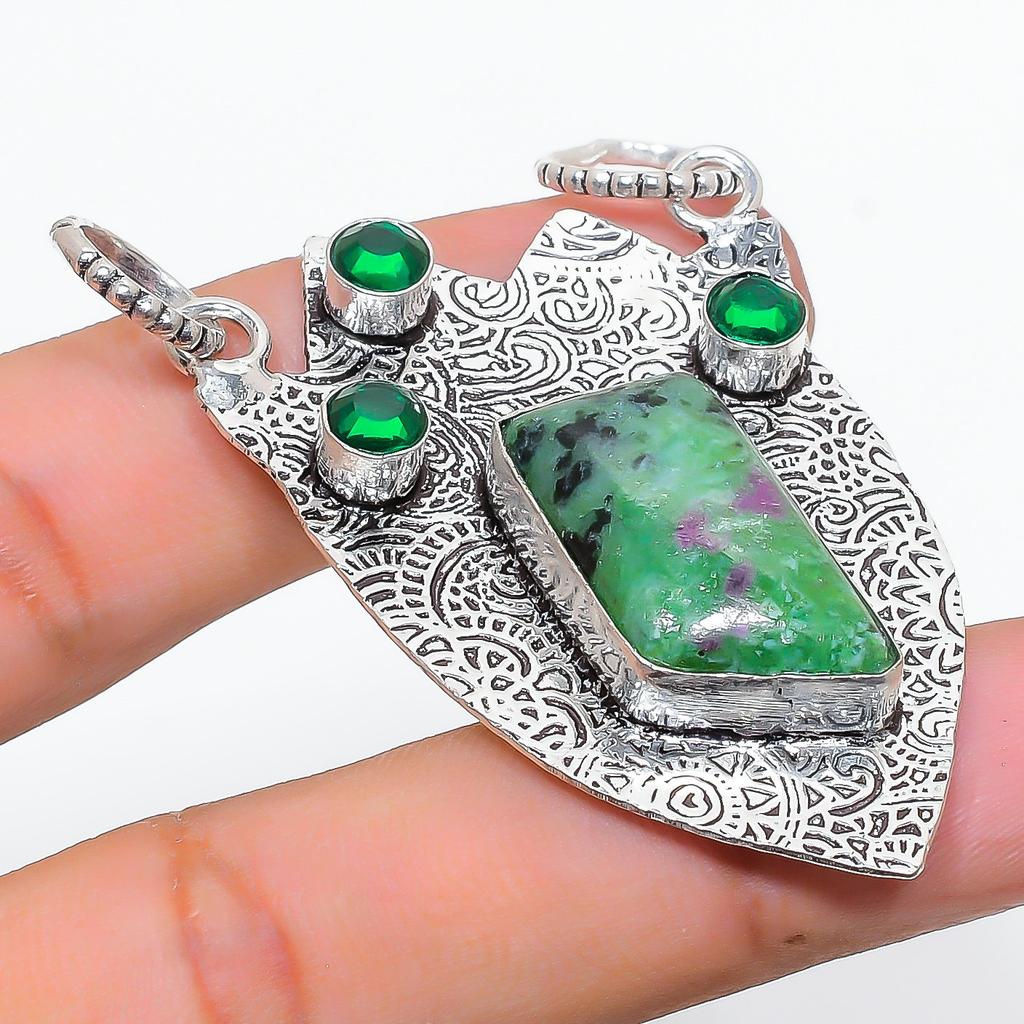 Ruby Zosite, Diopside Gemstone 925 Sterling Silver Jewelry Pendant 2.29" SU-2419