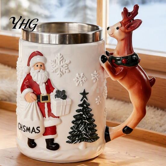 Christmas Stocking Stuffer Santa Claus Coffee Mug with Reindeer Handle, 300ml 3D Winter Party Tableware Embossed Resin Holiday Cup for Hot Cocoa, Home