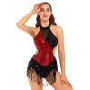 Women Jazz Dance Leotard Halter Neck Glitter Sequin Tassel Fringed Latin Salsa Dance Dress Cutout Bodysuit Performance Costume