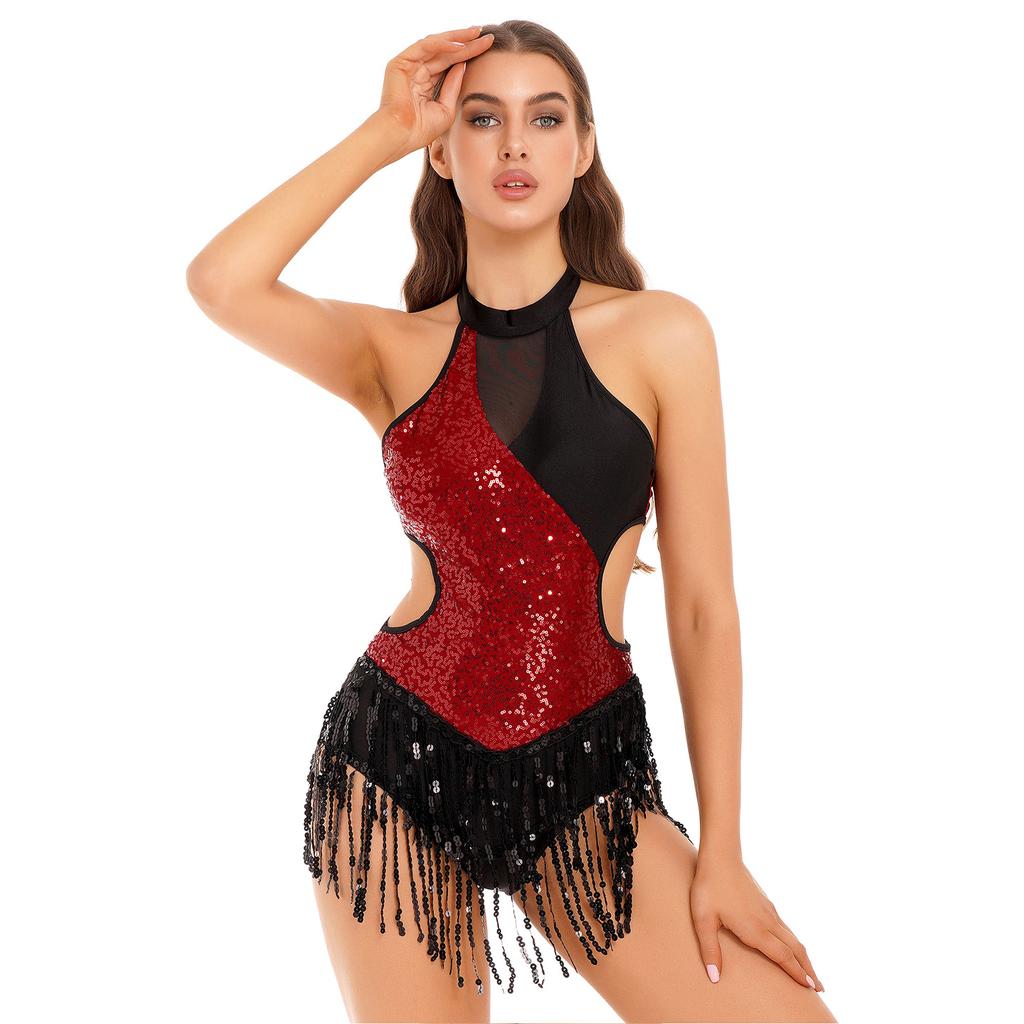 Women Jazz Dance Leotard Halter Neck Glitter Sequin Tassel Fringed Latin Salsa Dance Dress Cutout Bodysuit Performance Costume